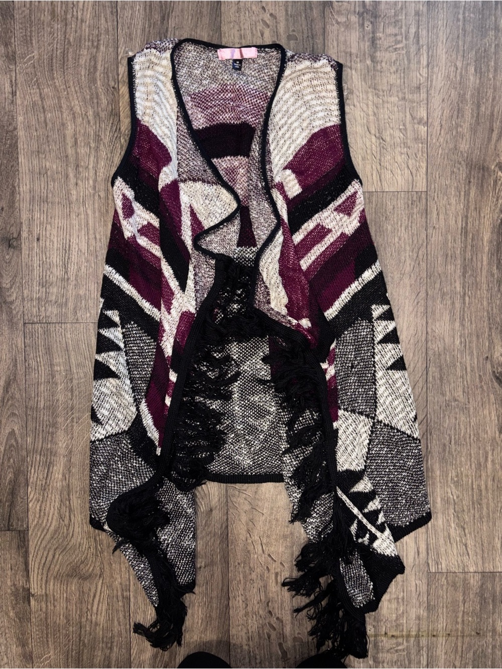Womens Open-Front Aztec Fringe Sweater Vest - Burgundy/Black/Cream